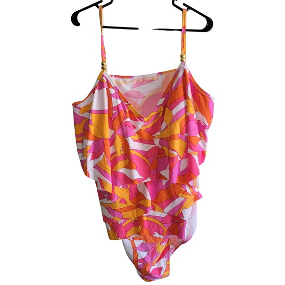 Beyond The Sea Ruffle Swimsuit Pink Multi Comfort Fit‎ One Piece Size 16 NWT - Picture 1 of 7